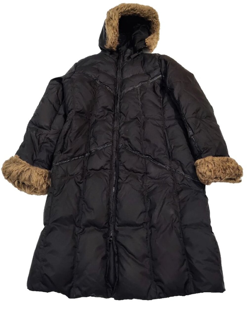 Rothschild Black Long Down Puffer Fur-Trim Hood Patent Leather Coat M 10 12